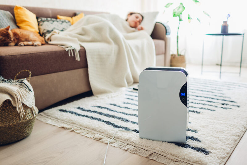 girl sleeping on couch while a dehumidifier runs