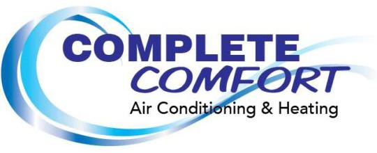 blue and white horizontal complete comfort air conditioning and heating logo