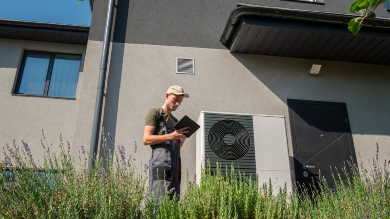 A technician adjusting a heat pump unit using a tablet in the garden of a modern home, surrounded by lush greenery on a sunny day.